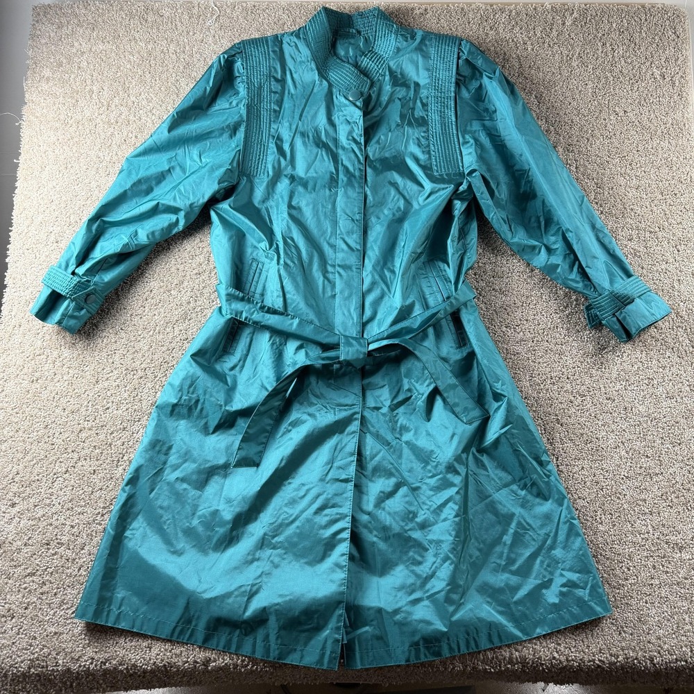 Vintage Coat Collectibles Trench Coat Womens 16 Blue Belted Taffeta Collared